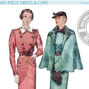 May include: A vintage sewing pattern for a two-piece dress and cape from the mid-1930s. The pattern features a fitted dress with a skirt that falls to the knee and a cape with a wide collar. The pattern is printed on paper and includes instructions for sewing the garment.