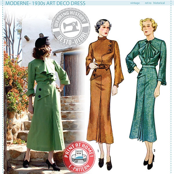 E-Pattern- Moderne- 1930s Art Deco Dress Pattern- Wearing History PDF Vintage Sewing Pattern