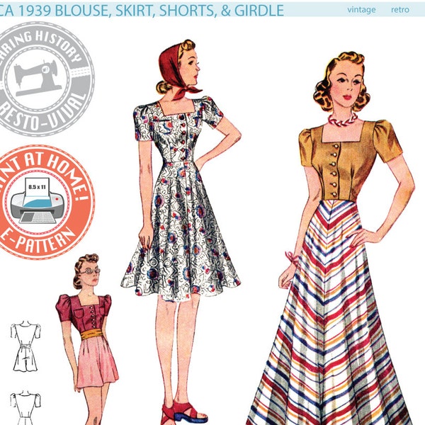 E-PATTERN- Circa 1939 Blouse, Skirt, Shorts & Girdle- 1930s 1940s- Wearing History PDF Vintage Sewing Pattern