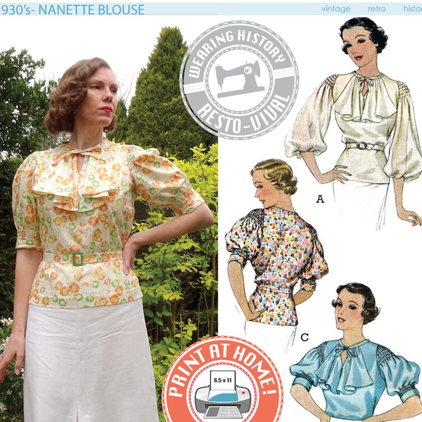 E-PATTERN- Mid 1930's Nanette Blouse Pattern- Wearing History PDF Sewing Pattern Download