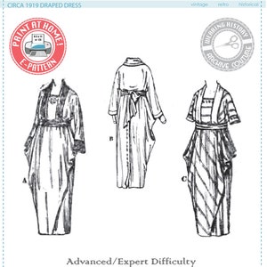 E-Pattern-  Circa 1919 Draped Dress- 1910s- WWI- Bust 36" - Edwardian Wearing History PDF 1900 Vintage Historical Costume Sewing Pattern