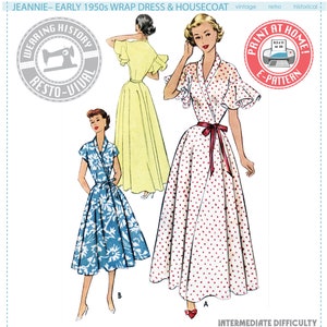 E-Pattern- 1950s "Jeannie" Wrap Dress & House Coat Pattern- Sizes 30-46" Bust Wearing History PDF Download Pattern Negligee Dressing Gown