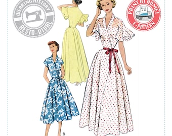 Puede incluir: Un patrón de costura vintage para un vestido de envoltura y una bata. El patrón presenta dos estilos diferentes, uno con estampado floral y el otro con lunares rojos. El patrón está etiquetado como "Jeannie - Vestido de envoltura y bata de principios de la década de 1950" y se describe como "Dificultad intermedia".