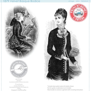E-Pattern- 1879 Velvet Basque Bodice- Wearing History PDF Historical Victorian Costume Sewing Pattern- Natural Form- 1870s 1880s
