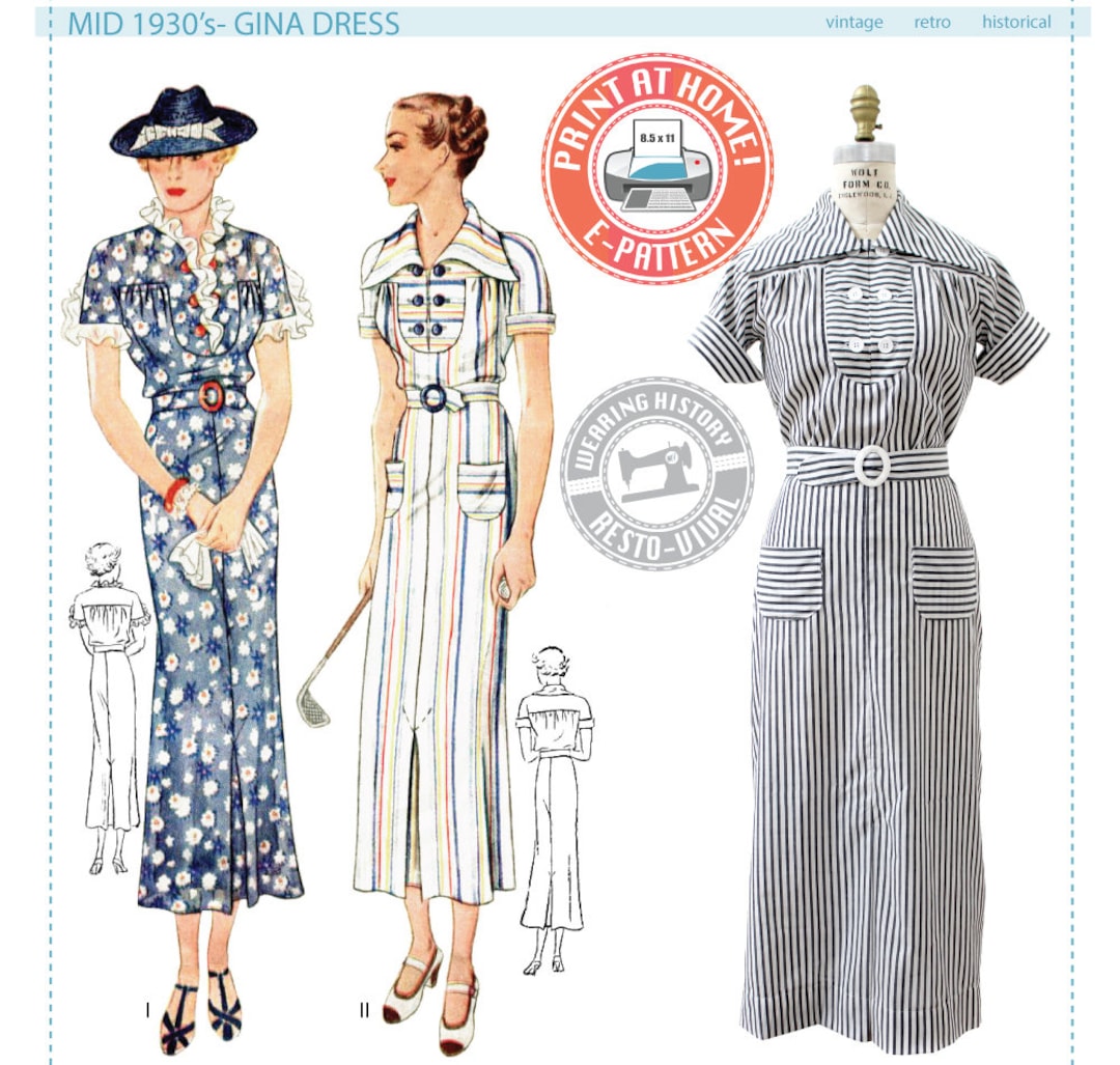 E-pattern-mid 1930's Gina Dress Pattern 1930s 30s Wearing History PDF  Vintage Sewing Pattern 