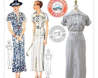 E-PATTERN-Mid 1930's Gina Dress Pattern- 1930s 30s- Wearing History PDF Vintage Sewing Pattern