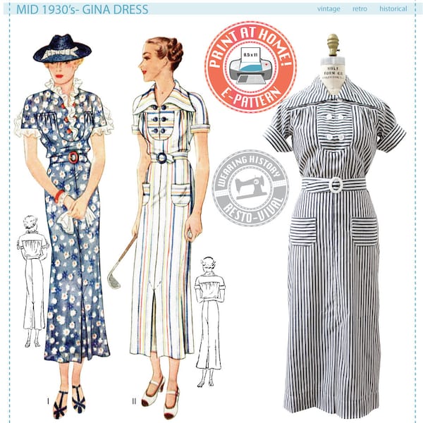 E-PATTERN-Mid 1930's Gina Dress Pattern- 1930s 30s- Wearing History PDF Vintage Sewing Pattern