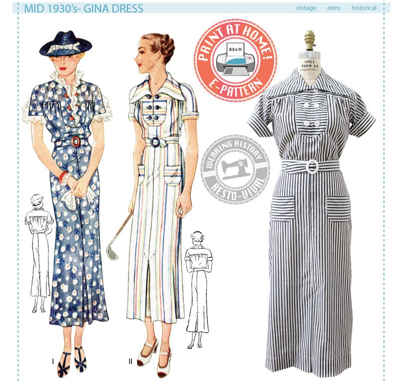 1930s House Dresses, Fabrics, Sewing Patterns     E-PATTERN-Mid 1930s Gina Dress Pattern- 1930s 30s- Wearing History PDF Vintage Sewing Pattern  AT vintagedancer.com