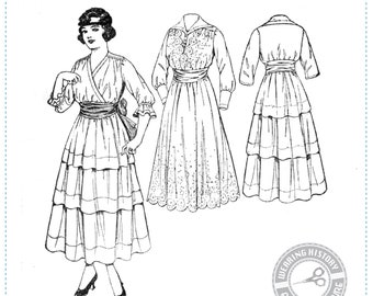 PRINTED PATTERN- Circa 1916- Eloise- Surplice Dress & Shield - Multisize Wearing History 1910 WWI 1910s 1900s