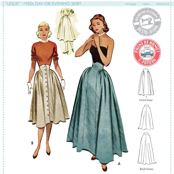 E-Pattern- 1950s "Leslie" Skirt Pattern- Sizes 24-40" Waist Wearing History PDF Download Pattern 50s Cottage Style