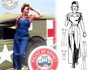 E-Pattern- Size C- WWII Homefront- 1940s Overalls, Playsuit, & Trousers- Sewing Pattern