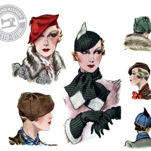 May include: Five different women's hats from the 1920s. The hats are all different styles and colors, including red, green, brown, black, and blue. The hats are all worn by women with short, blonde hair.