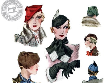 PRINTED PATTERN- Circa 1933 Hats, Scarf, & Gauntlet Cuffs Pattern- Wearing History