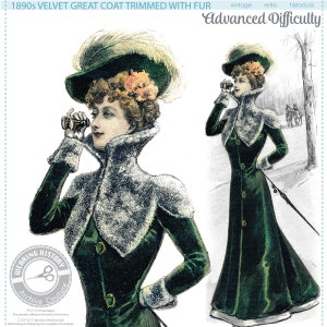 Puede incluir: Una ilustración vintage de una mujer con un largo abrigo de terciopelo verde adornado con piel blanca. El abrigo tiene un cuello alto y una cintura ajustada. La mujer sostiene un par de binoculares y lleva un sombrero verde con una pluma.