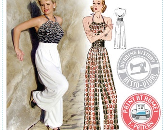 E-Pattern- Late 1930s Elastic Waist Trousers & Halter Top Beach Pajamas- Wearing History PDF