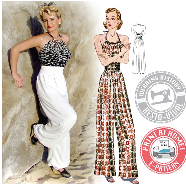 E-Pattern- Pantaloni elasticizzati in vita della fine degli anni '30 e pigiami da spiaggia con top all'americana- PDF sulla storia da indossare