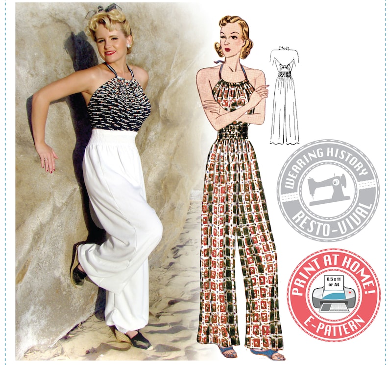 1930s Sewing Patterns- Dresses, Pants, Tops E-Pattern- Late 1930s Elastic Waist Trousers & Halter Top Beach Pajamas- Wearing History PDF $9.99 AT vintagedancer.com