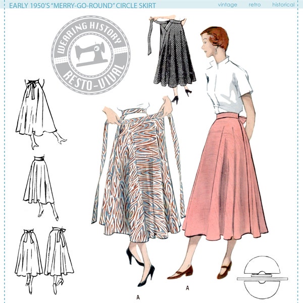PRINTED PATTERN- Early 1950's Merry-Go-Round Circle Skirt- Waist Sizes 24"-46" Wearing History Physical Pattern