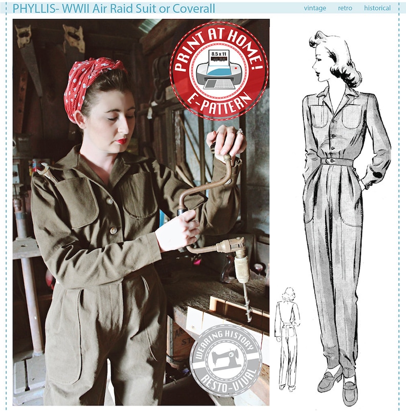 1940s Sewing Patterns – Dresses, Overalls, Lingerie etc     E-PATTERN- Phyllis- 1940s WWII 1940s Air Raid Suit or Coverall- PDF Sewing Pattern $12.00 AT vintagedancer.com