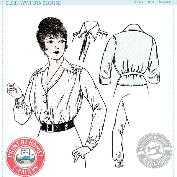 E-Pattern- Elsie- 1910s WWI Era Bluse - Tragegeschichte PDF Vintage Historisches Kostüm Schnittmuster