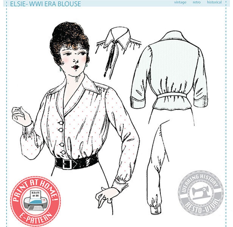 Edwardian Sewing Patterns- Dresses, Skirts, Blouses, Costumes E-Pattern- Elsie- 1910s WWI Era Blouse - Wearing History PDF Vintage Historical Costume Sewing Pattern $9.99 AT vintagedancer.com