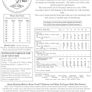 May include: A vintage sewing pattern for a trench coat from the early 1940s. The pattern is titled "Casablanca Trench Coat" and includes a size chart, material requirements, and instructions for making the coat. The pattern is from the Wearing History Resto-Vival&trade; collection, which features restored and revived vintage sewing patterns.
