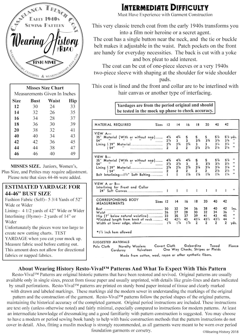 May include: A vintage sewing pattern for a trench coat from the early 1940s. The pattern is titled "Casablanca Trench Coat" and includes a size chart, material requirements, and instructions for making the coat. The pattern is from the Wearing History Resto-Vival&trade; collection, which features restored and revived vintage sewing patterns.