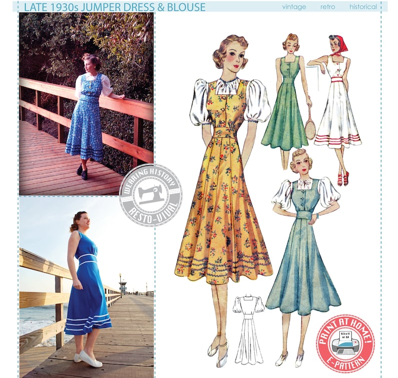 1930s Sewing Patterns- Dresses, Pants, Tops E-PATTERN- Late 1930s Jumper Dress & Blouse Pattern- 30-46 Bust- Wearing History PDF Download 1930s 30s  AT vintagedancer.com