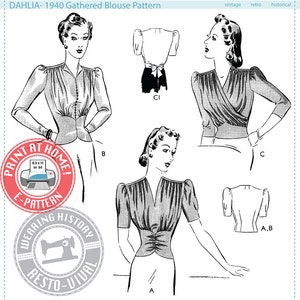 E-Pattern-  Dahlia- 1940s Gathered Blouse- Wearing History PDF Vintage Sewing Pattern