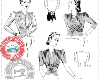 E-Pattern-  Dahlia- 1940s Gathered Blouse- Wearing History PDF Vintage Sewing Pattern