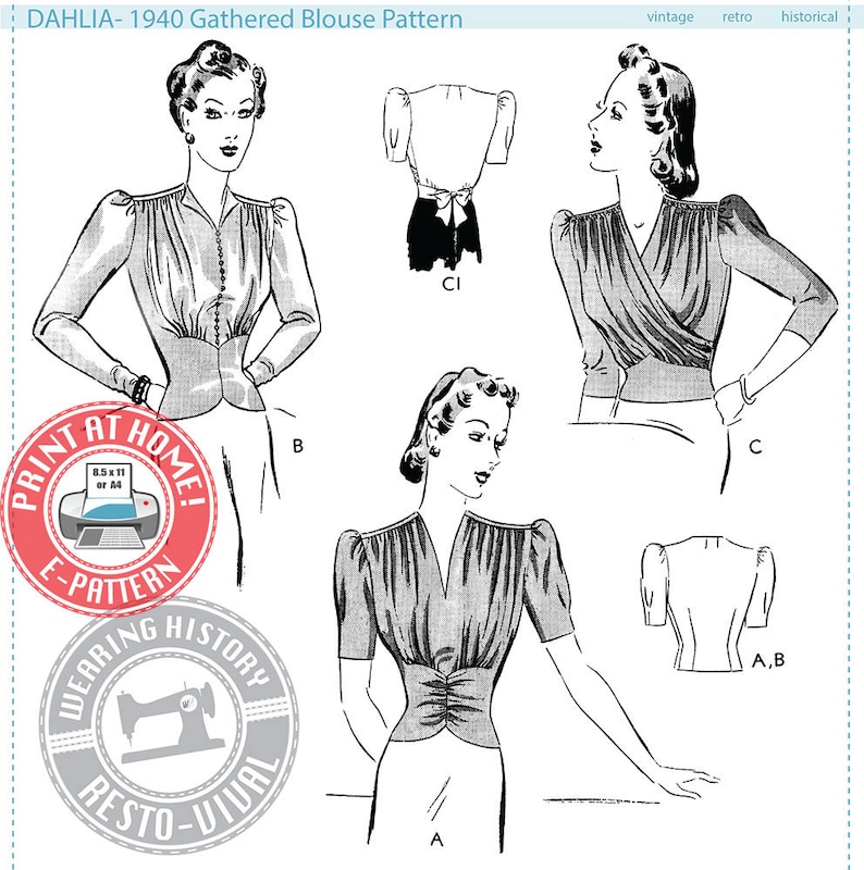 1940s Sewing Patterns – Dresses, Overalls, Lingerie etc E-Pattern- Dahlia- 1940s Gathered Blouse- Wearing History PDF Vintage Sewing Pattern AT vintagedancer.com