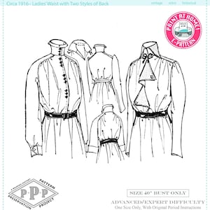 May include: A vintage ladies' waist pattern from 1916, illustrated with two back styles. The line drawing shows several waist variations, including button details, belts, and ruffled elements. The image includes the text "Print at Home E-Pattern".