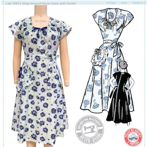 Puede incluir: Un vestido de casa envolvente de estilo vintage con un bolsillo, con un estampado floral azul sobre un fondo blanco. El vestido tiene mangas cortas y un diseño de cintura anudada. La imagen también incluye una ilustración de patrón de vestido.