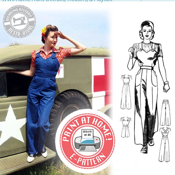 E-Pattern- Size A- WWII Homefront- 1940s Overalls, Playsuit, & Trousers- Sewing Pattern