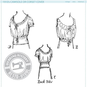 Peut inclure: Une illustration en noir et blanc d'un corsage ou d'une camisole vintage des années 1910. L'image montre trois vues du vêtement : devant, côté et dos. Le vêtement est orné d'une dentelle et d'un nœud au niveau du décolleté.