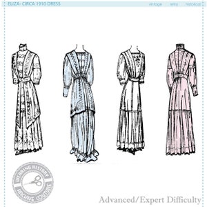 PRINTED PATTERN- Circa 1910 &quot;Eliza&quot; Dress- 1900 1910s- Bust 36&quot; Waist 26&quot; - Edwardian Wearing History PDF Vintage Historical Sewing Pattern
