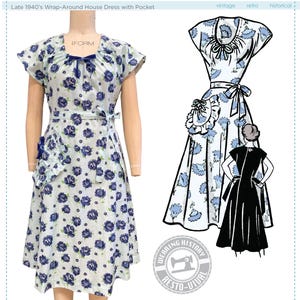 PRINTED PATTERN- Late 1940s Wrap Around House Dress with Pocket- Sizes 30-42" Bust Wearing History PDF Download