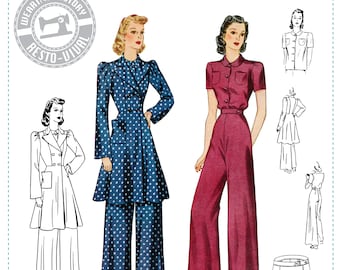 PRINTED PATTERN- Early 1940s Pajamas & Coat Pattern- Sizes 30-44" Bust Wearing History PDF Download Pattern- Pants Trousers Blouse Robe