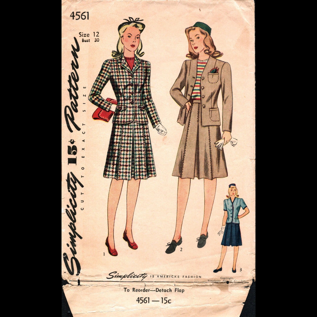 Vintage Teen s 1940s Suit Pattern Size 12 Bust 30 Simplicity 4561 40s 