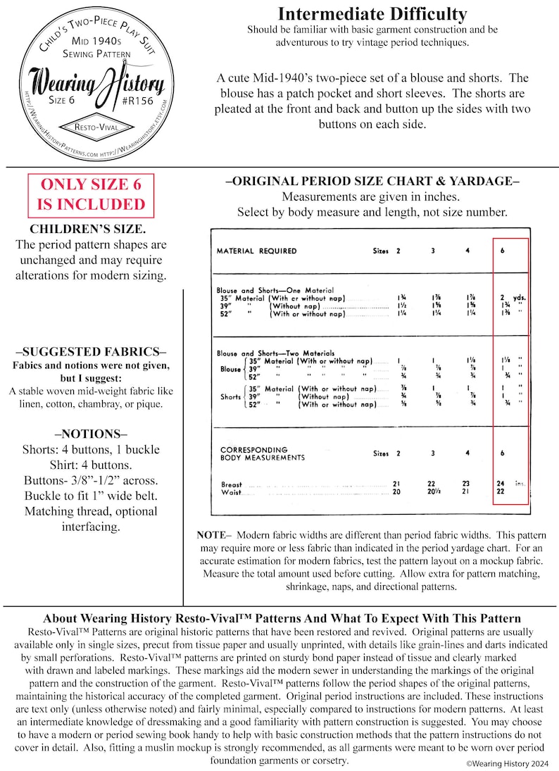 E-Pattern- Size 6- Mid 1940's Child's Two Piece Play Suit- Shorts Blouse- Wearing History PDF Download Pattern Children 40s 50s zdjęcie 2