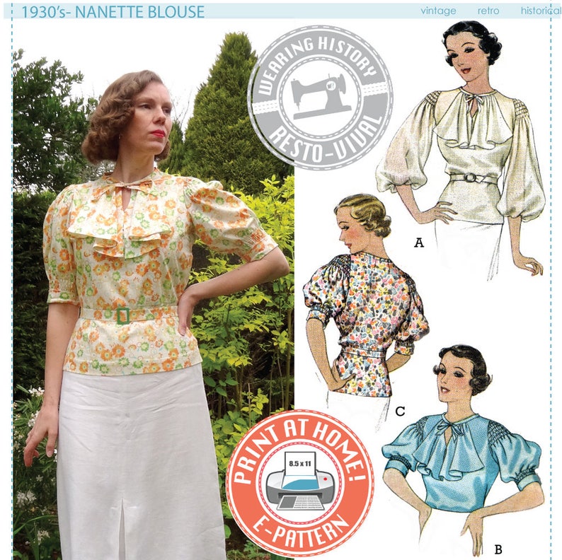 1930s Sewing Patterns- Dresses, Pants, Tops     E-PATTERN- Mid 1930s Nanette Blouse Pattern- Wearing History PDF Sewing Pattern Download  AT vintagedancer.com