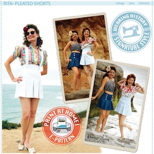 May include: Three women wearing pleated shorts in different colors and patterns. The shorts are all high-waisted and have a vintage style. The women are standing on a beach with a rocky cliff in the background. The image includes the text "Wearing History Signature Style" and "Print at Home! E-Pattern".