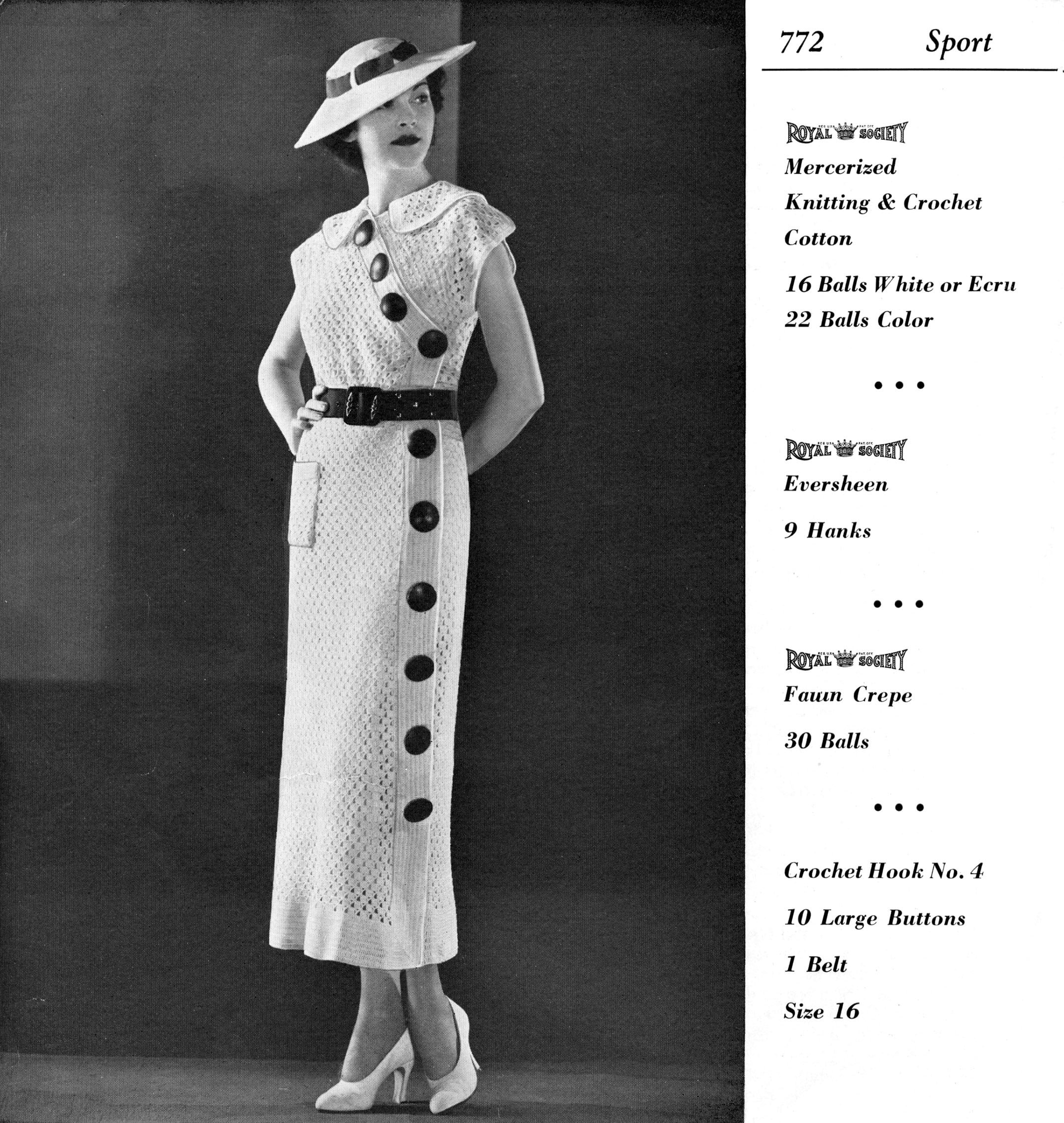 1930s Crochet Sports Dress- BIG BUTTONS- PDF Crochet E-Pattern Download- Size 34" Bust