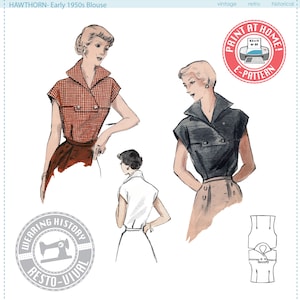 May include: A vintage sewing pattern for a 1950s blouse. The pattern includes three different views of the blouse, one in red and white gingham, one in black, and one in white. The pattern also includes a diagram of the blouse's construction.