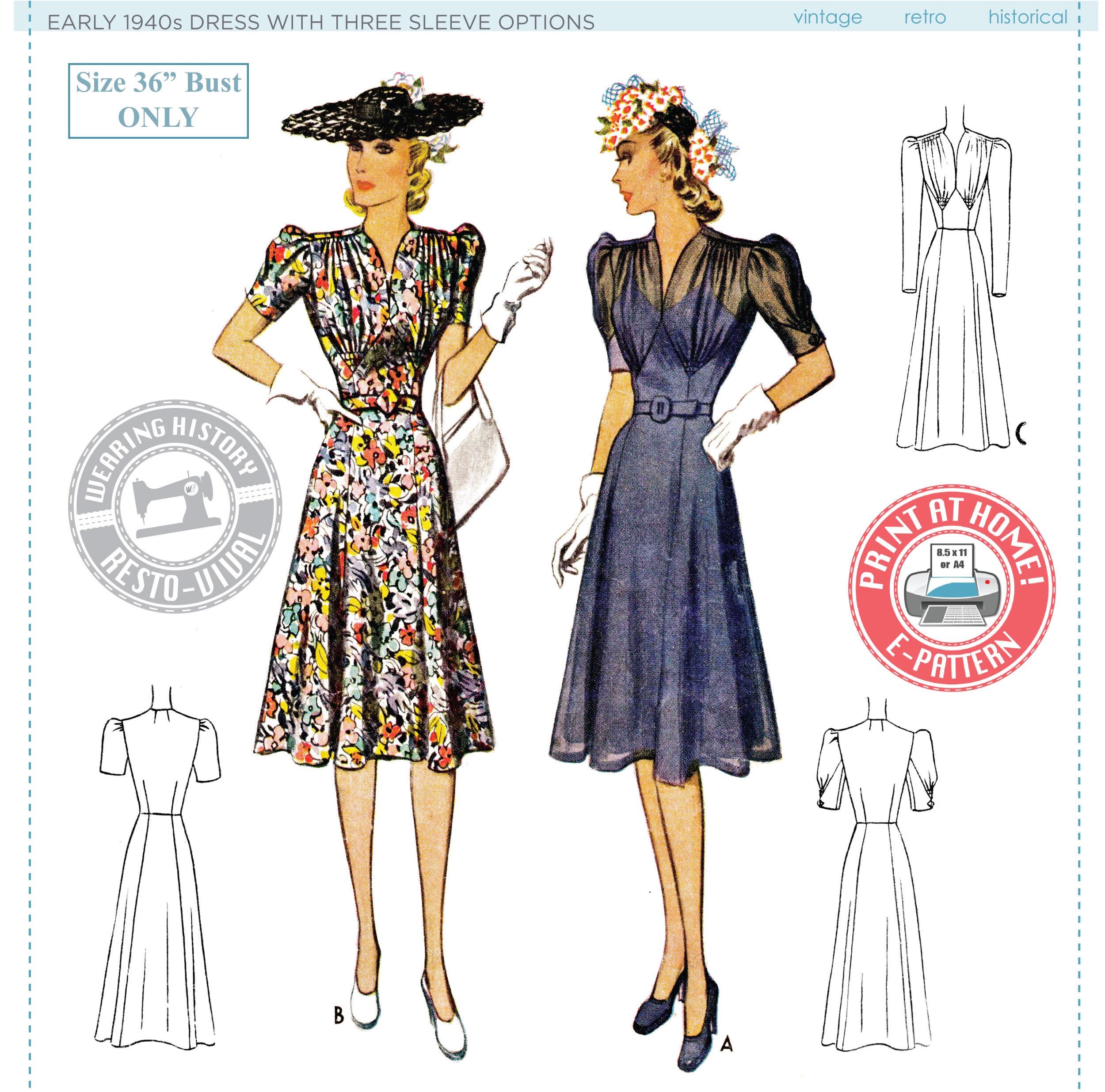 E-pattern- Early 1940s Dress- Size 36 Bust- With Three Sleeve Options ...