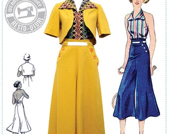 May include: A vintage illustration of a 1930s fashion design featuring a woman wearing a yellow halter top and wide-legged pants with a matching yellow bolero jacket. The text "CHIC AHOY-1930s SLACKS, HALTER, & BOLERO" is at the top of the image.