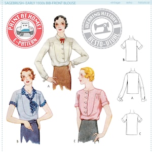 May include: A vintage sewing pattern for a 1930s bib-front blouse. The pattern includes three different views of the blouse, with a close-up of the front, back, and side. The pattern is titled "Sagebrush - Early 1930s Bib-Front Blouse" and includes the text "Print at Home E-Pattern" and "Wearing History Resto-Vival".