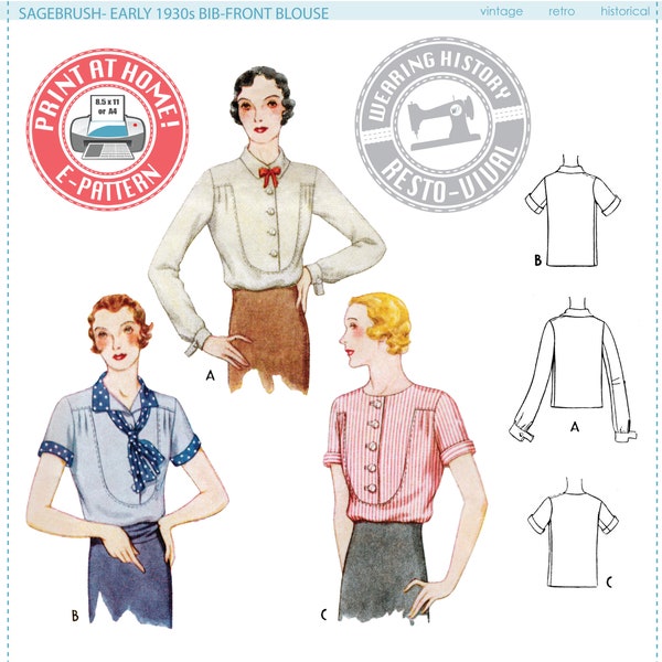 E-Pattern- Sagebrush Anfang der 1930er Jahre Bib Front Bluse Schnittmuster- Büste 30-44 "- Tragegeschichte PDF Digital Vintage Schnittmuster