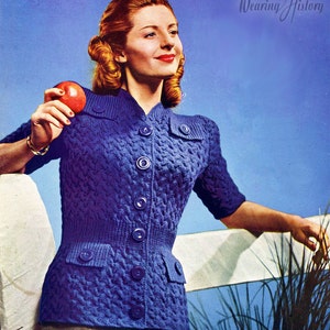 1940s Knitting- Sporty Short Sleeve Button Up Sweater E-Pattern- Size 14 16, Bust 32 34-  PDF Pattern Download