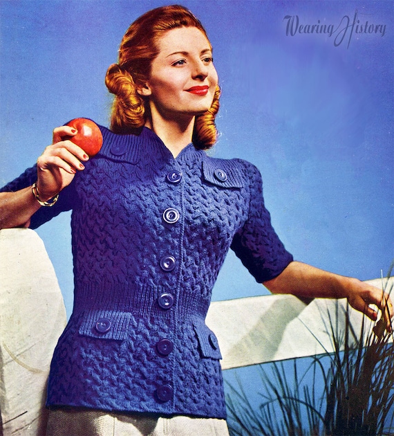 1940s Knitting Sporty Short Sleeve Button up Sweater E-pattern 